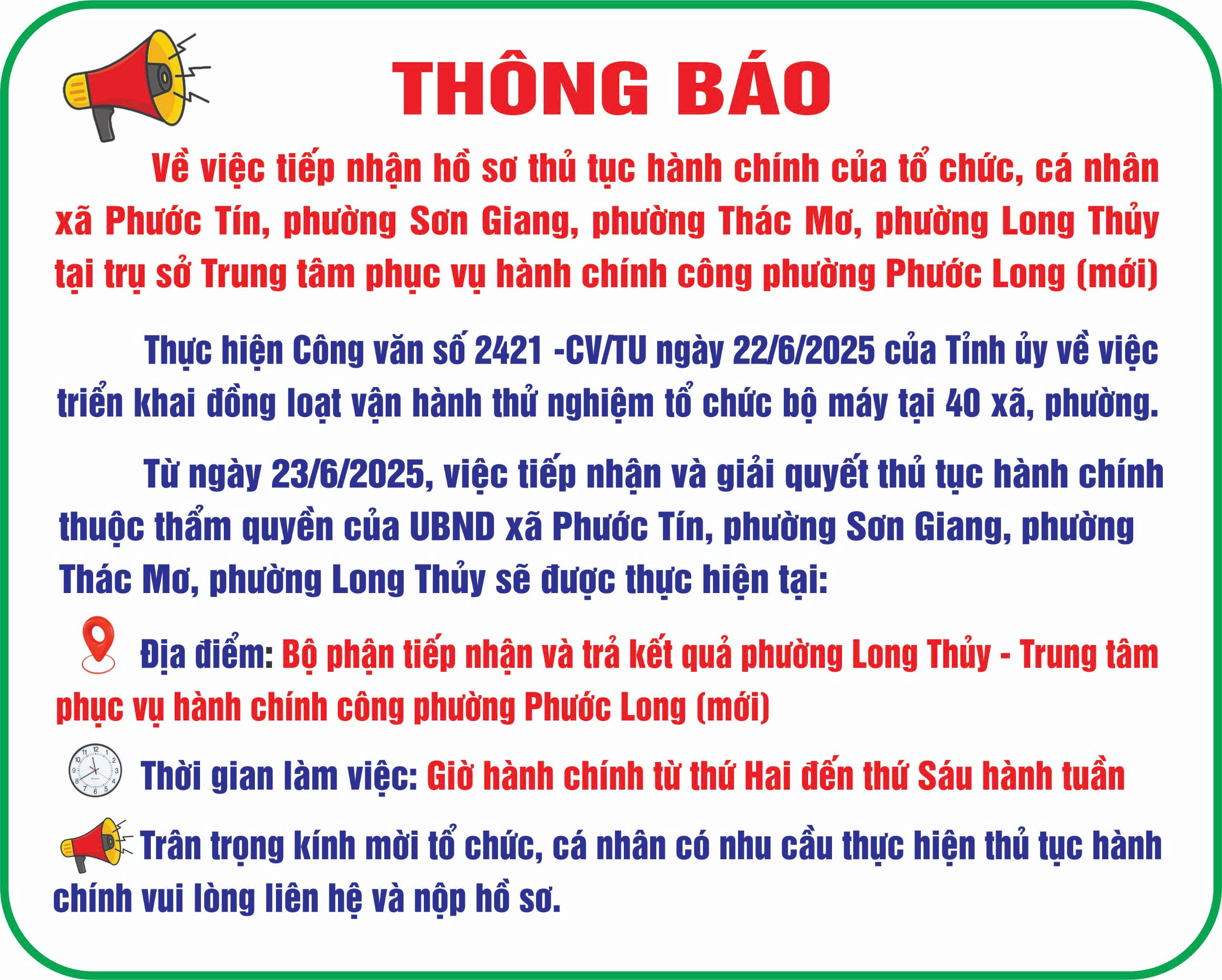 THÔNG BÁO TIẾP NHẬN HỒ SƠ TẠI PHƯỜNG MỚI